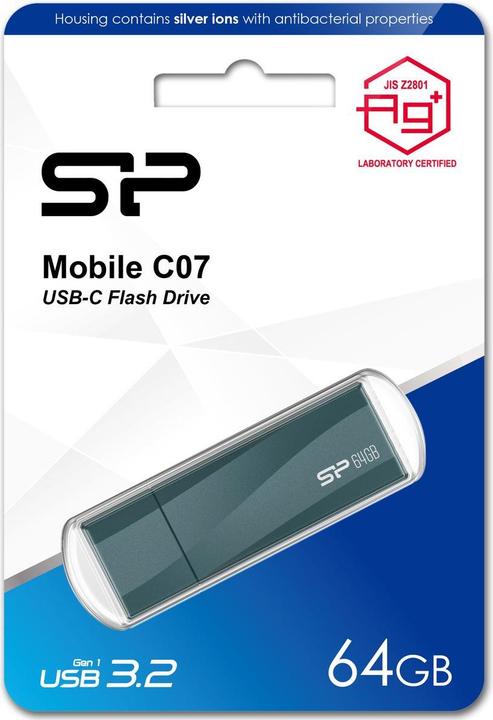 Image du produit Silicon Power Pendrive Pendrive Mobile C07 64 Go USB-C 3.2 Antibactérien Bleu (64 Go, USB-C)