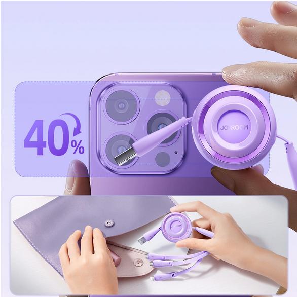 Actual product image Joyroom S-A40 Colorful Series 3in1 retractable cable USB-A to USB-C / Lightning / microUSB 1m - purp (1 m, USB 3.2 Gen 1)