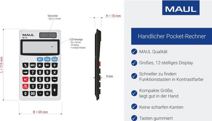 Produktbild Maul Taschenrechner M112 Silber (Solarzellen, Batterien)