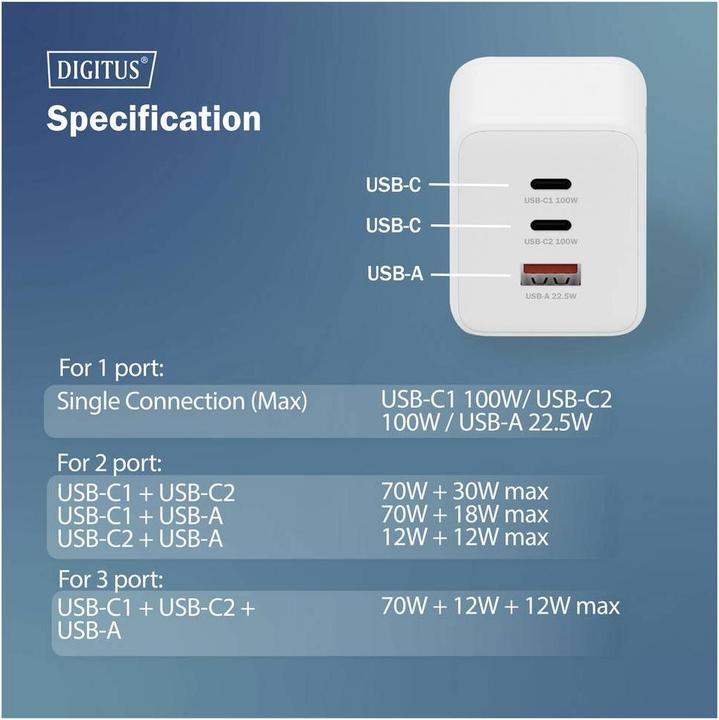 Productafbeelding Digitus USB GaN Charger 100W, 2x USB-C, 1x USB-A (100 W, 3 ports)