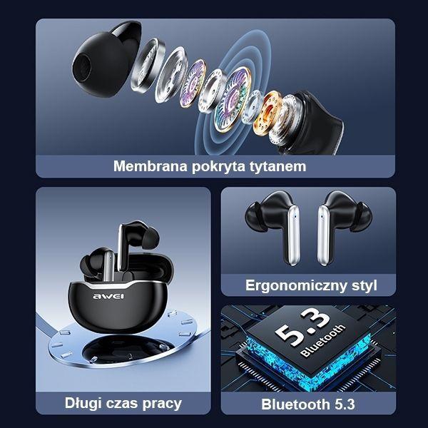 Actual product image Awei słuchawki Bluetooth 5.3 T50 TWS + stacja dokująca czarny/black (ANC, DNC, 6 h, Wireless)