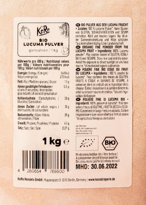 Valori nutrizionali e ingredienti KoRo Polvere organica del frutto della lucuma (1000 g)