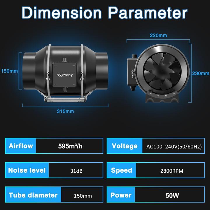 Actual product image Aygrochy 150mm controllable tube fan with speed controller (32 dB)