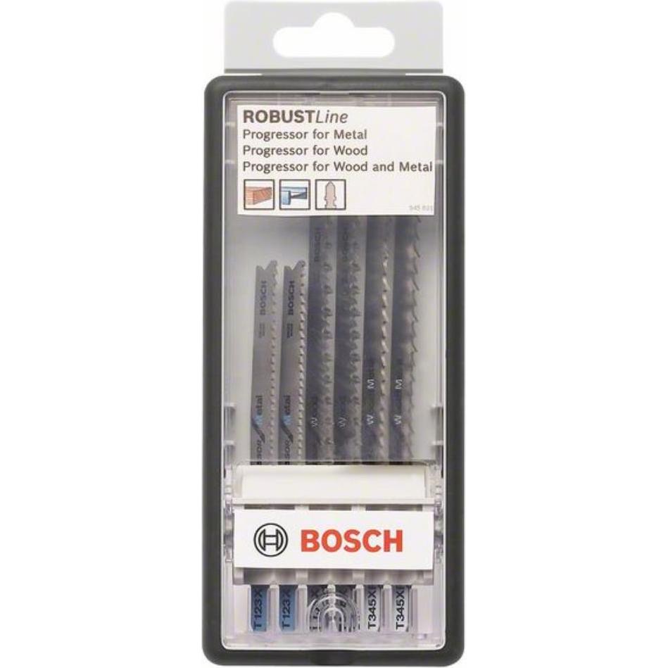Bosch Professional Zubehör, Sägeblatt, 6-tlg. Stichsägeblatt-Set Wood and Metal, Robust Line, Progressor, T-Schaft