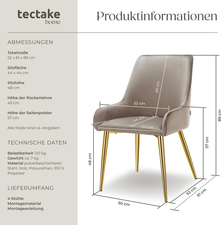 Produktbild tectake Polsterstuhl Avane, Samtoptik, Belastbarkeit 120 kg