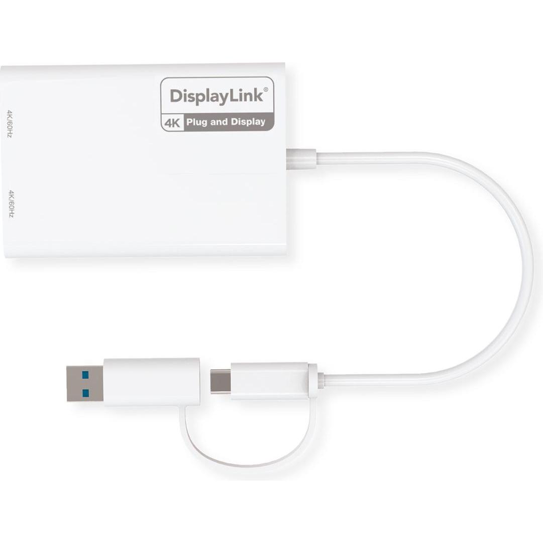 Thumbnail - Roline Adaptateur USB-C/A double HDMI DisplayLink, 4K60 (HDMI, USB Typ-C, 18 cm), Data + Video Adapter, Weiss