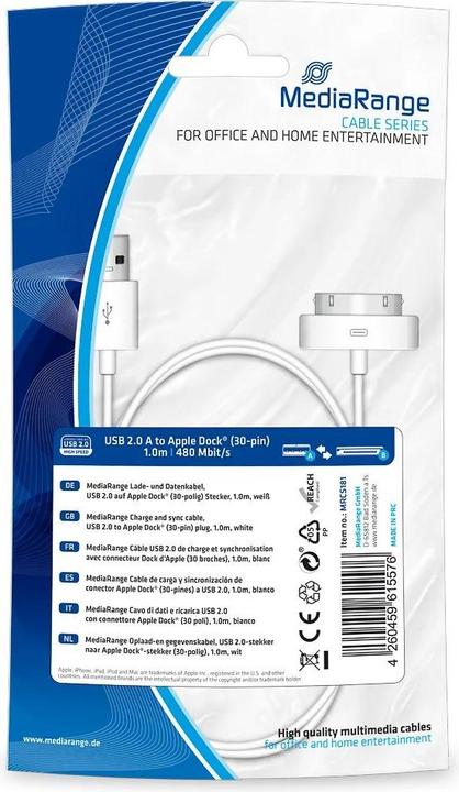 MediaRange Lade- & Datenk. USB 2.0 auf Apple Dock (1 m, USB 2.0)