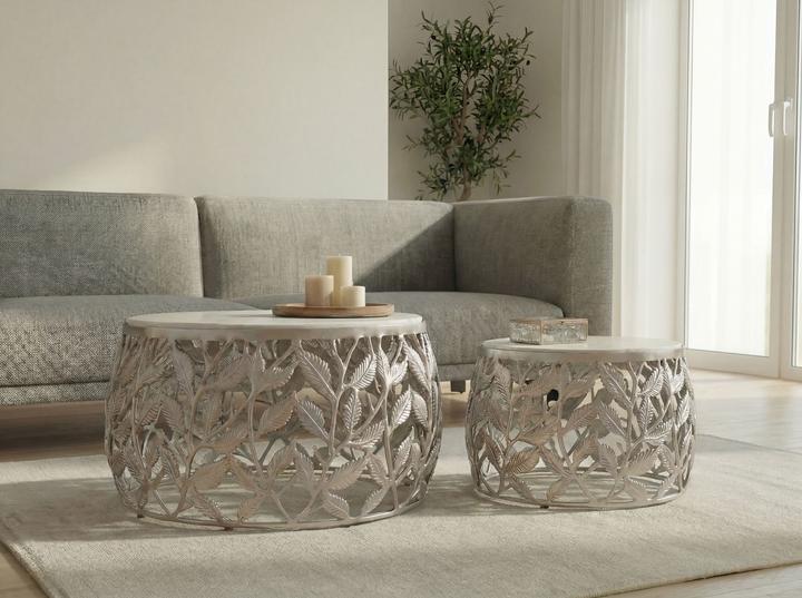 Produktbild FineBuy 2er Set Couchtisch Marmor Metall rund Wohnzimmertisch Beistelltisch Satztisch (60 x 60 x 33 cm)