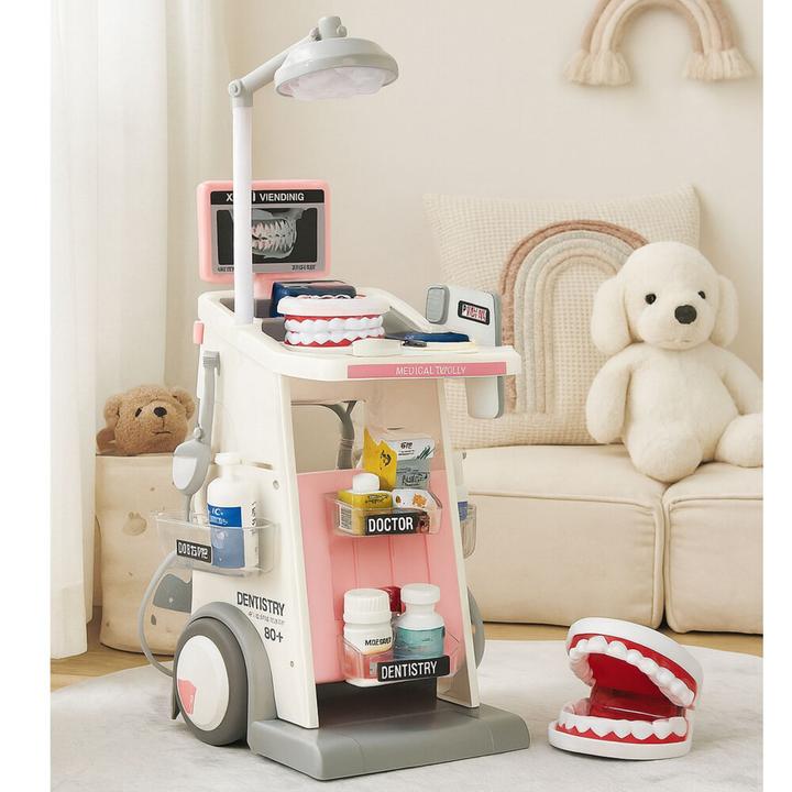 Produktbild Lean Toys Arzt-Zahnarzt-Set, medizinischer Wagen, Beleuchtung, rosa, 26-teilig.