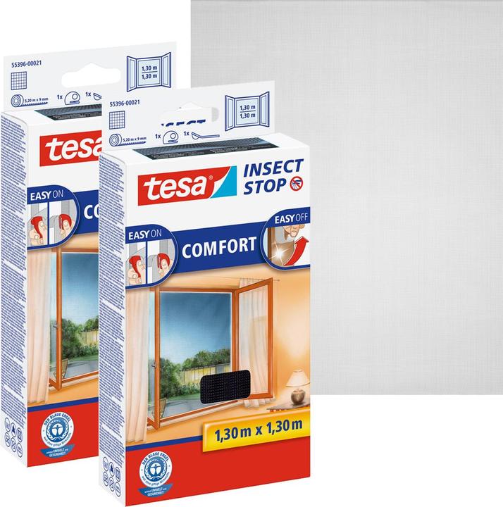 Produktbild tesa 2x Insektenschutz COMFORT für Fenster, mit Klettband, selbstklebend, ohne Bohren (130 x 130 cm)