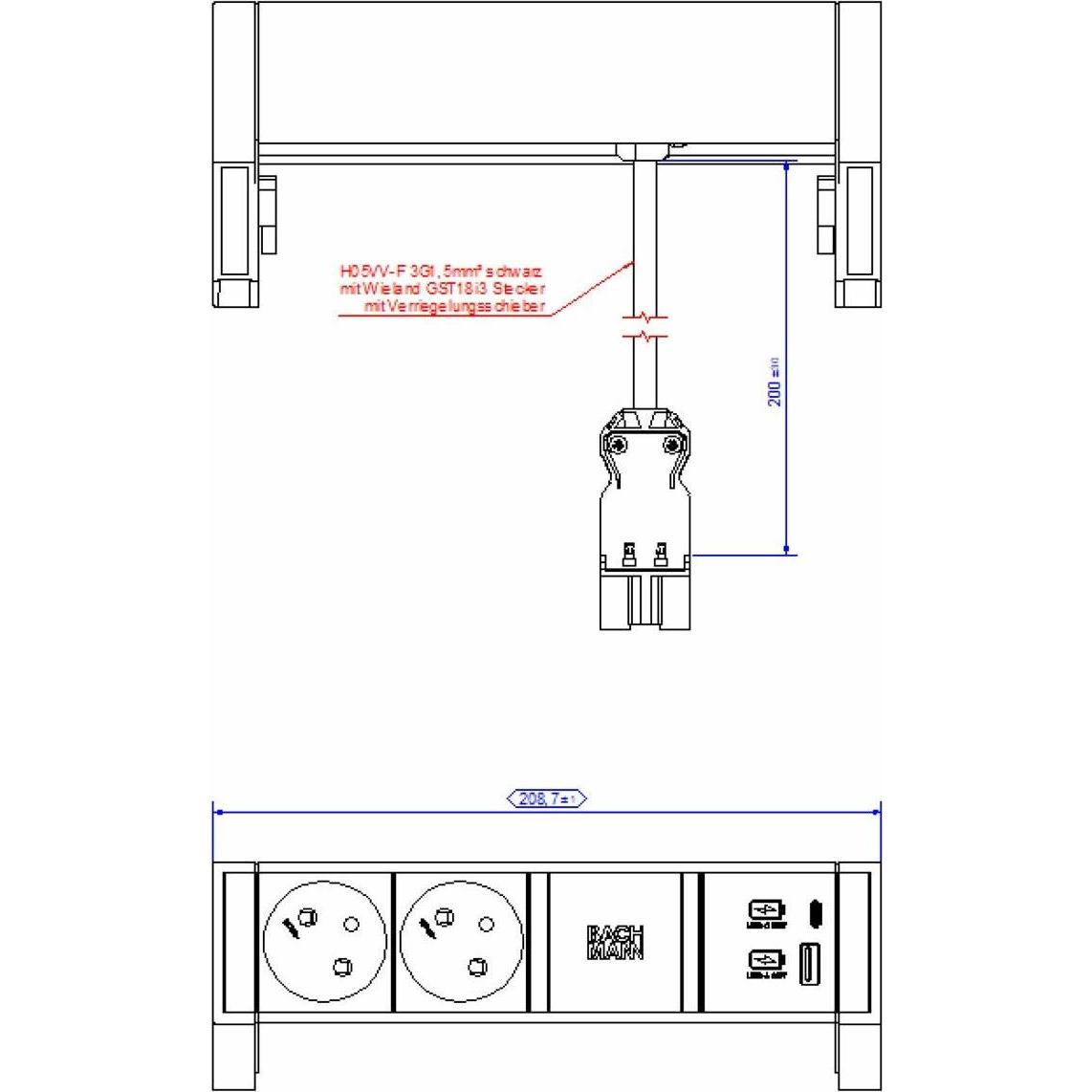 Bachmann, Steckdosenleiste, DESK2 2x UTE 1x USB A/C 22W inox (2 x, CEE 7/5, CEE 7/3, 0.20 m)