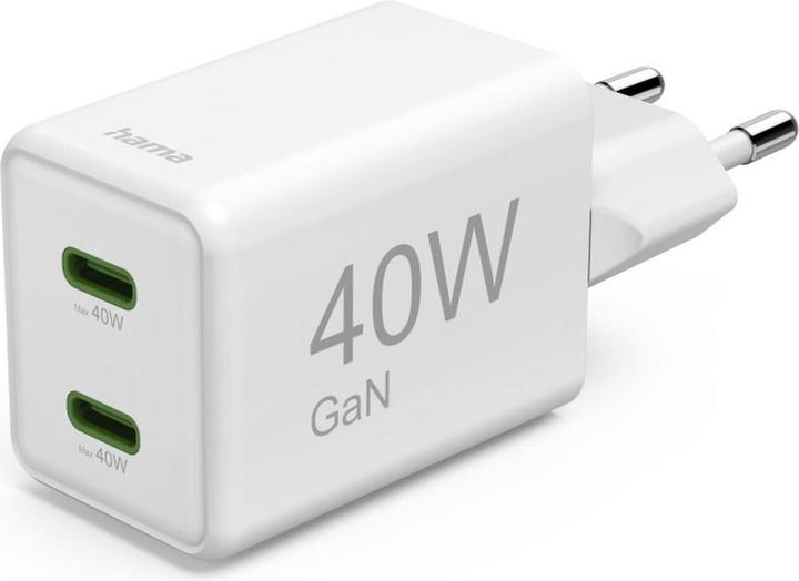 Produktbild Hama Schnellladegerät, GaN, 2x USB-C, Super-Mini-Ladegerät, PD, 40 W, Weiss (40 W, 2 Ports)