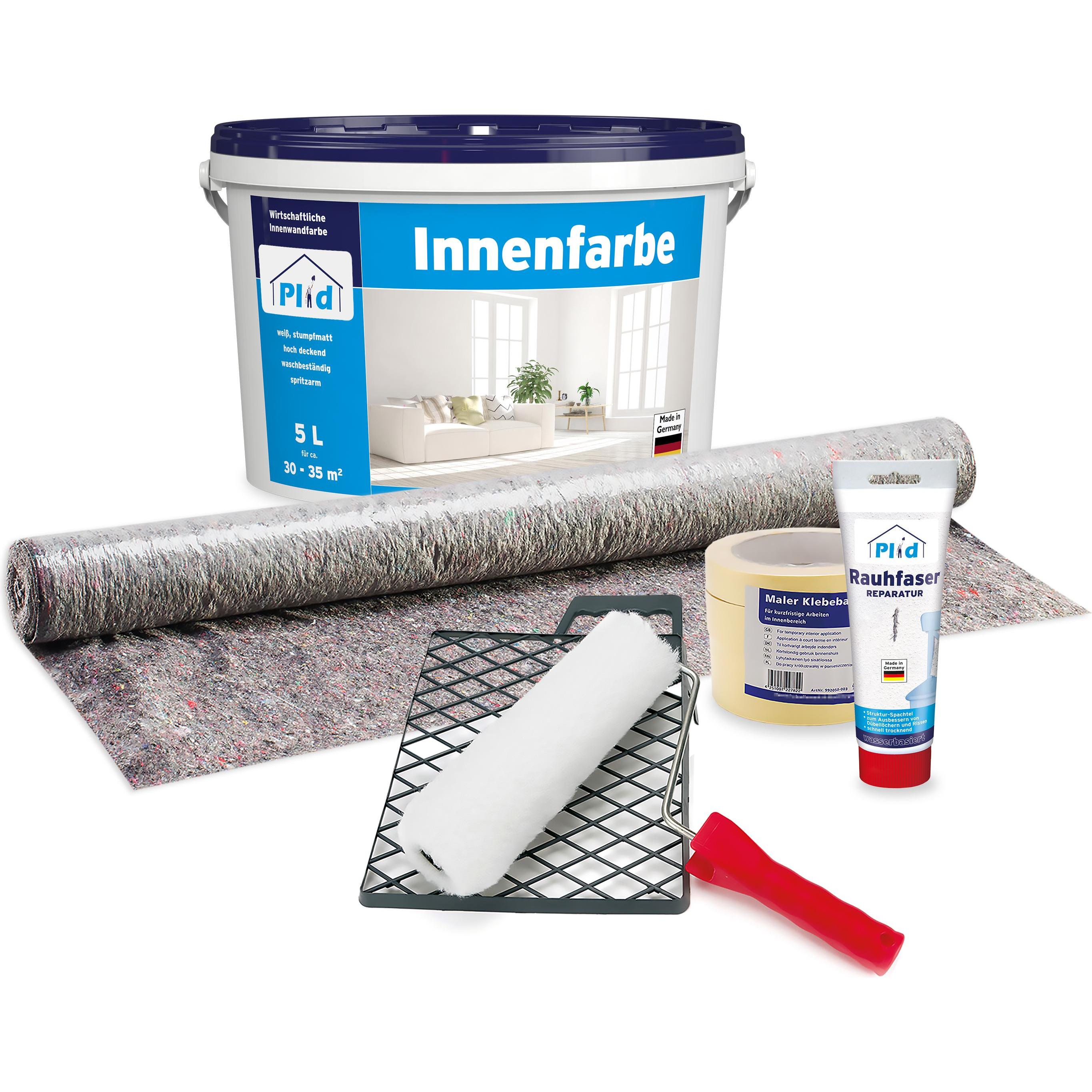 Plid, Wandfarbe + Spezialfarbe, Innenfarbe 5l + Anstreichset / universelle Wandfarbe Deckenfarbe Malerweiss spritzarm (W...
