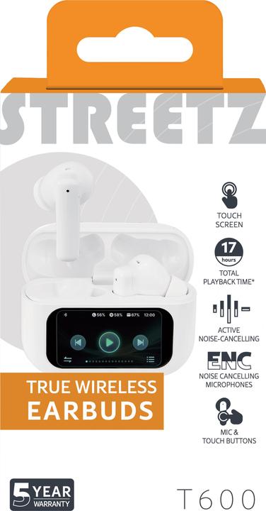 Actual product image Streetz T600 TWS earphones with LCD, ANC and ENC, white (ANC, 5 h, Wireless)