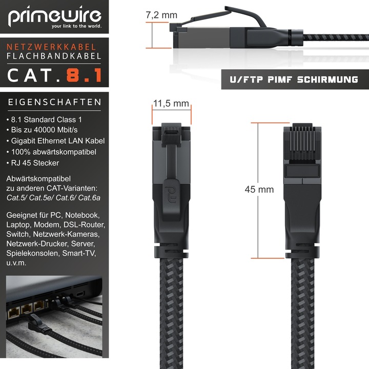 Immagine prodotto Primewire Cavo LAN CAT.8, RJ-45, cavo di rete Ethernet CAT 8.1 piatto 40 Gbit, cavo patch con rivestimento in (U/FTP, CAT8.1, 0.25 m)