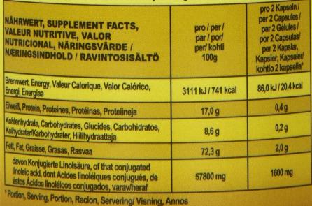 Nutritional values and ingredients IronMaxx Cla (130 Piece, Capsules, 179.80 g)