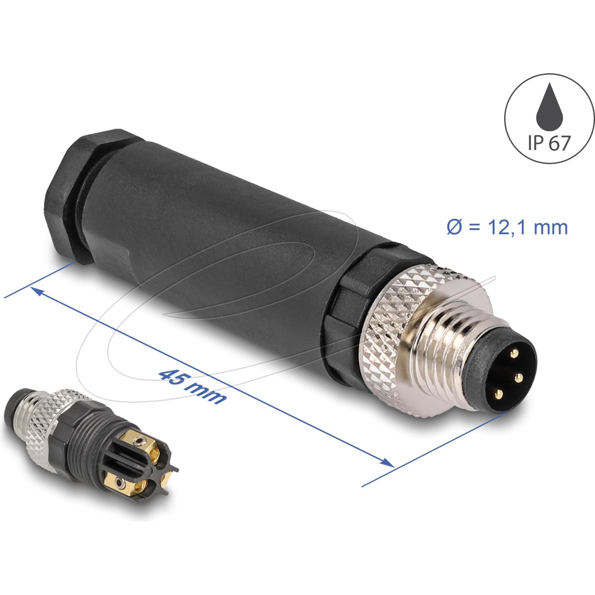 Delock Connettore a spina M8 Spina a 3 pin con codice A per il montaggio con connessione a vite, Cavo + Spina elettrica, Nero