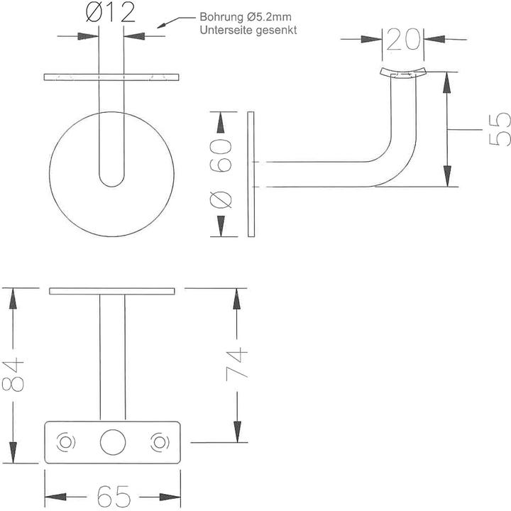 Actual product image Schösswender Handrail support with bracket, ros. ø 60 mm, wall distance 74 mm, satin stainless steel (Stainless steel matt)