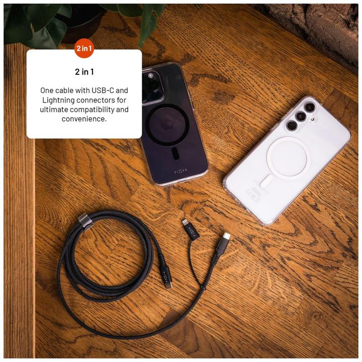 Actual product image Fixed Braided Cable USB-C/USB-C, Lightning Adapter, 1.2m, MFi, PD 60W, gray (1.20 m, USB 2.0, 60 W)