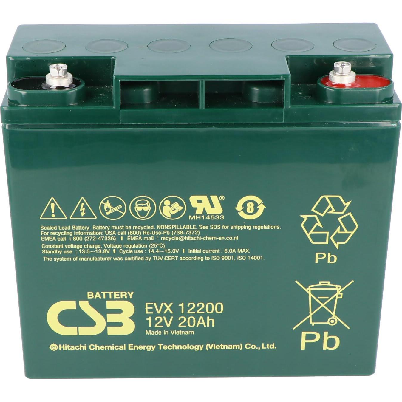CSB, Versorgungsbatterie, EVX12200 12 Volt AGM Bleiakku 20Ah, 181x76,2x167mm, zyklenfest, M5 Innengewinde (12 V, 20 Ah)