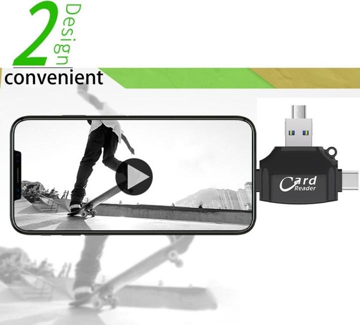 Produktbild Deltalabs 4in1 Mini-Kartenleser für SD/MicroSD – Lightning, USB C & Micro USB (Schwarz)