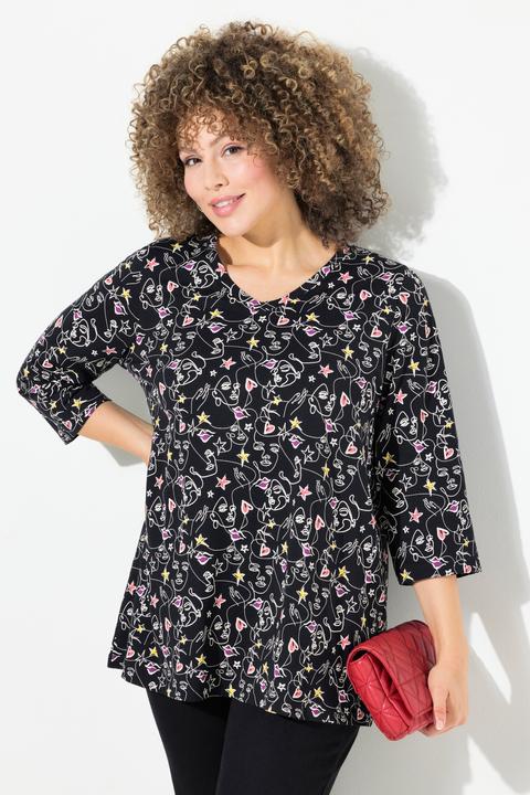 Actual product image Ulla Popken Scribble Print 3/4 Sleeve Split Neck Tee (54)