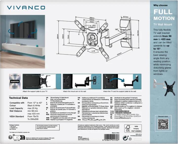 Produktbild Vivanco TV Wandhalter, Full Motion, VESA 200, 25 kg (Wand, 25 kg)
