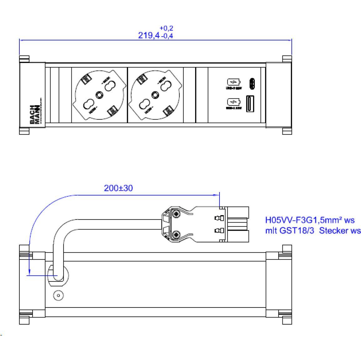 Thumbnail - Bachmann, Steckdosenleiste, BACH Steckdosenleiste (2 x, GST18, 0.20 m)