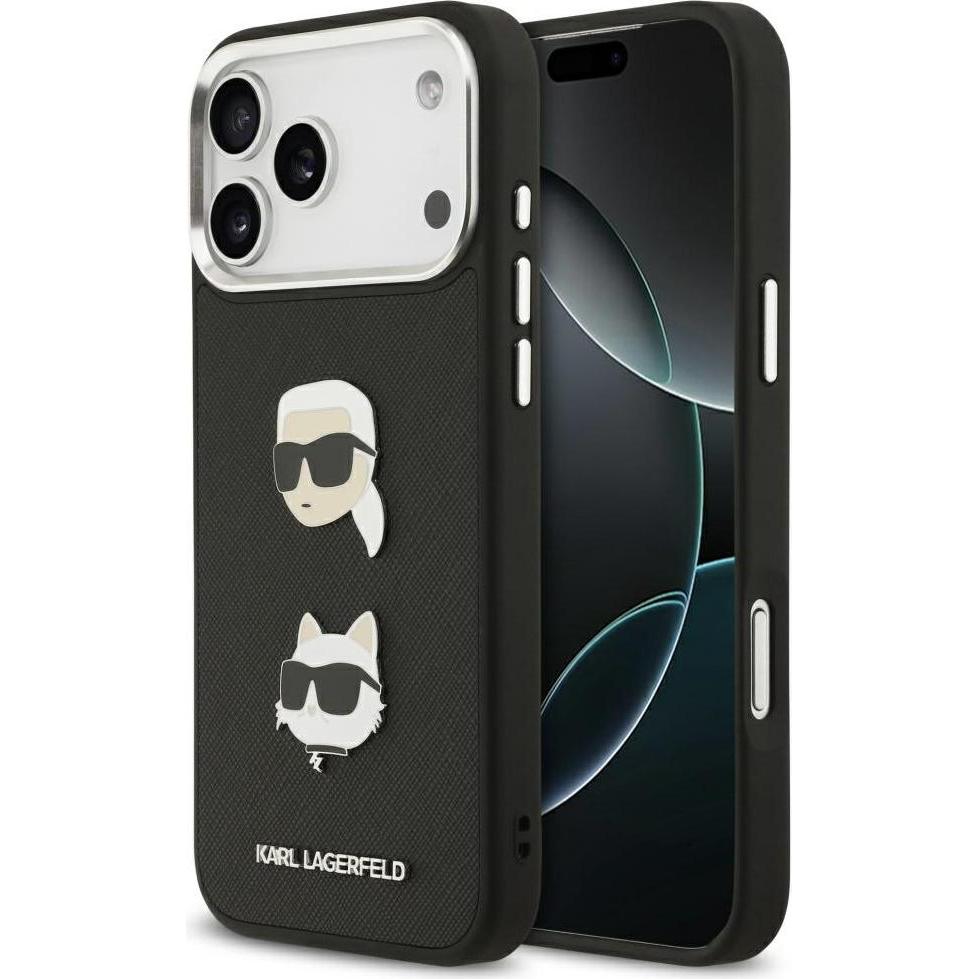 Karl Lagerfeld FW Grained Karl & Choupette Heads Pins & Logo case for iPhone 17 Pro Max black (Apple iPhone 17 Pro Max), Cover smartphone, Nero