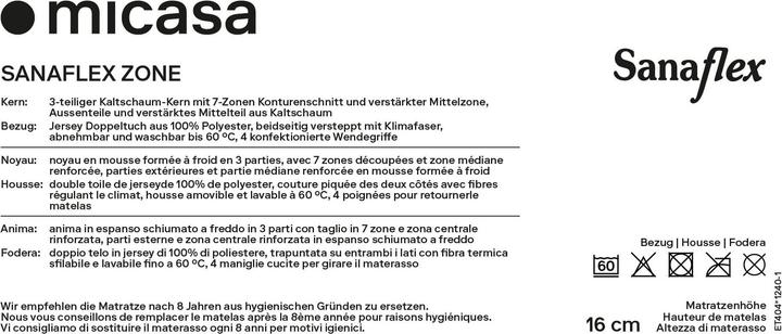 Nährwerte und Zutaten Sanaflex Zone (80 x 200 cm, Schaumstoffkern)