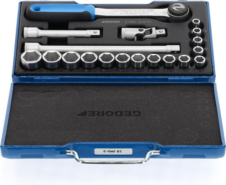 Produktbild Gedore 19 JMU-3 Steckschlüssel-Satz 1/2", 19-teilig, 6-kant, 8-24 mm (10 mm, 9 mm, 14 mm, 13 mm, 24 mm, 21 mm, 22 mm, 18 mm, 12 mm, 8 mm, 15 mm, 16 mm, 11 mm, 17 mm, 19 mm)