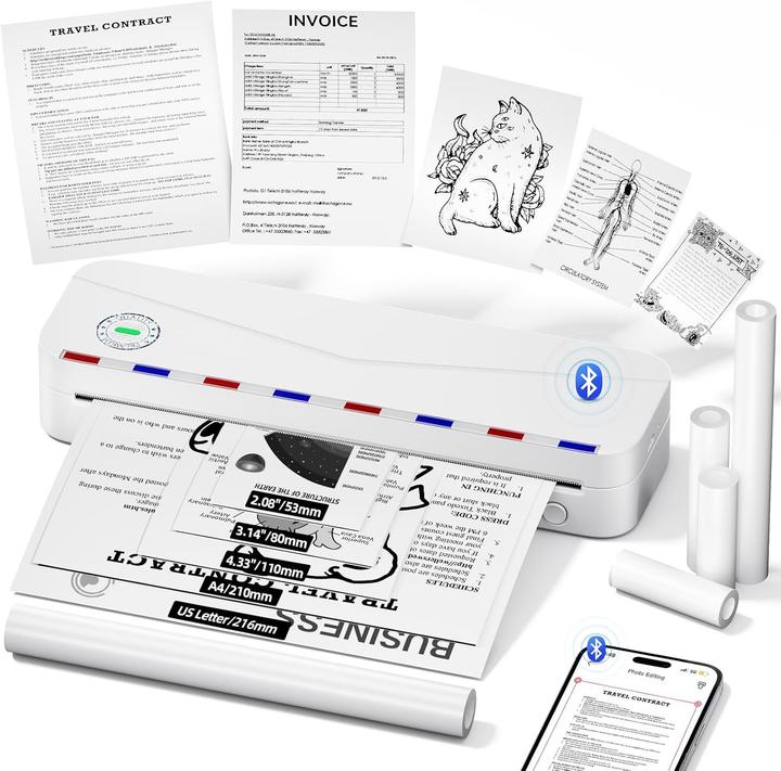Phomemo Mobiler Thermodrucker A4, drahtlos, kompatibel mit Smartphones und Computern (USB)