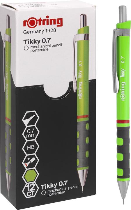 Actual product image Rotring Tikky Neon fine-lead pencil, 0.7 mm, green chrome-plated, rigid tubular tip, rubberised, waved (0.70 mm, HB, 1 x)