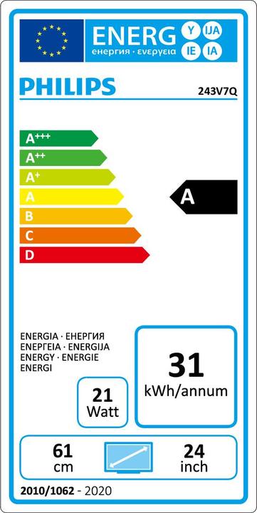 Label énergétique Philips 243V7QJABF/00 (1920 x 1080 pixels, 24")