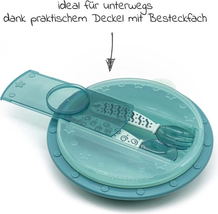Produktbild MiaMia Kinderteller & Breischalen Babyteller zum Mitnehmen inkl. Besteck 2er Pack - Grün