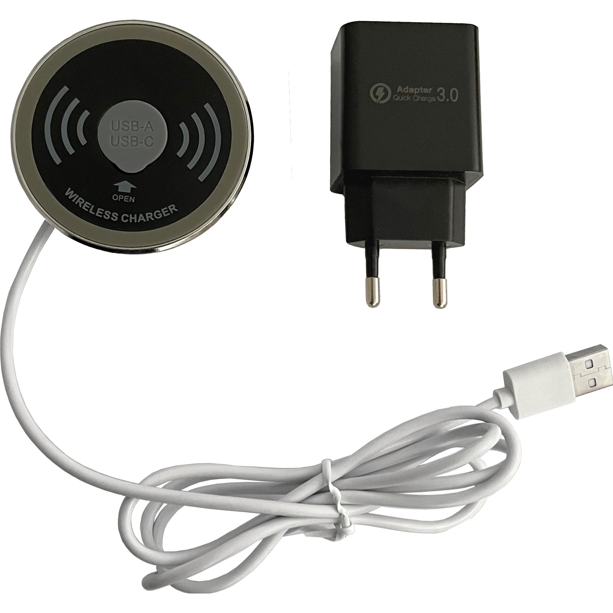 Hammerbacher Caricatore QI con adattatore AC/USB (15 W), Caricabatteria senza fili, Argento