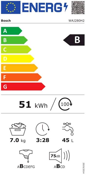 Label énergétique Bosch Hausgeräte MDA Lave-linge Express Série2 WAJ280H2 (7 kg, Gauche)