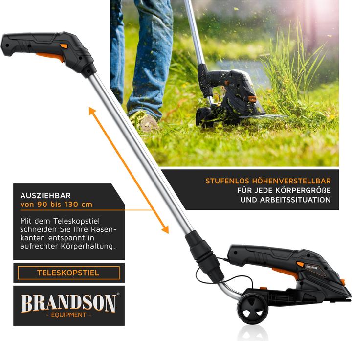 Produktbild Brandson Akku Grasschere, elektrische Garten Strauchschere, Teleskopstange 90-130 cm mit Rädern, Rasenschere (Akkubetrieb, Netzbetrieb)