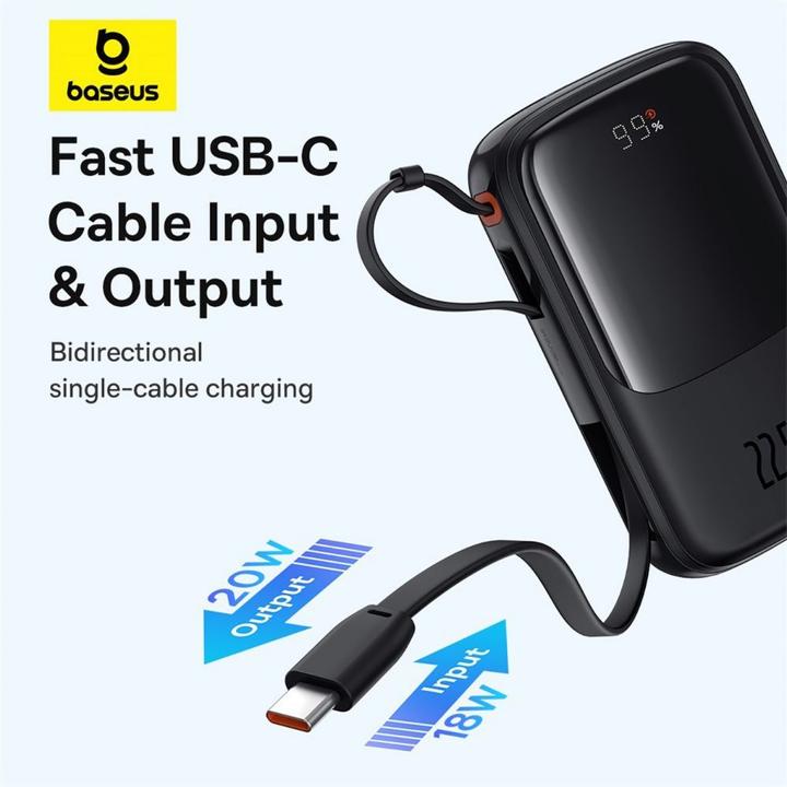 Produktbild Baseus Qpow Pro+ 10000 mAh 22,5 W Powerbank mit integriertem USB-C-Kabel und Display – Schwarz (10000 mAh, 22.50 W, 37 Wh)