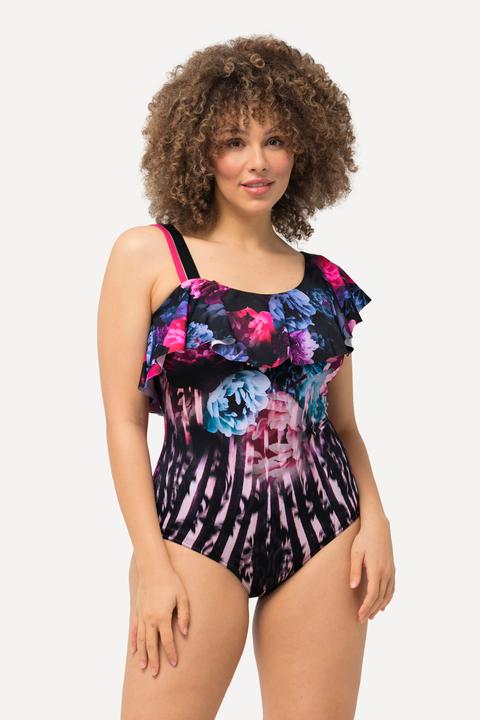 Image du produit Ulla Popken Maillot de bain avec bonnets souples, style bustier, imprimé fleurs et large volant (62)