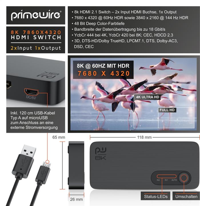 Actual product image Primewire 2-port HDMI splitter, 8K aluminium HDMI switch 2 in 1 Out UHD, distributor, switcher, 4K 3D HDR