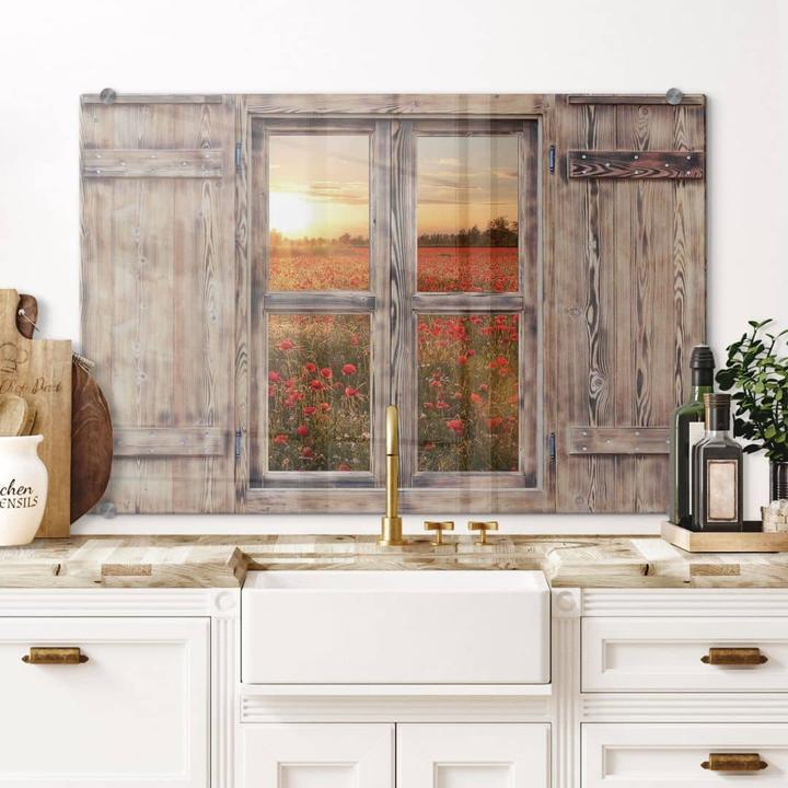 Trenddeko 3D Holzfenster - Mohnblumen im Sonnenuntergang (40 x 60 cm)
