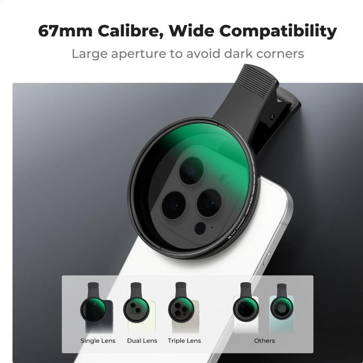 Image du produit K&F Concept 67mm Universal Type Phone clip, with 67mm ND2-32 Filter, 18-layer green coated