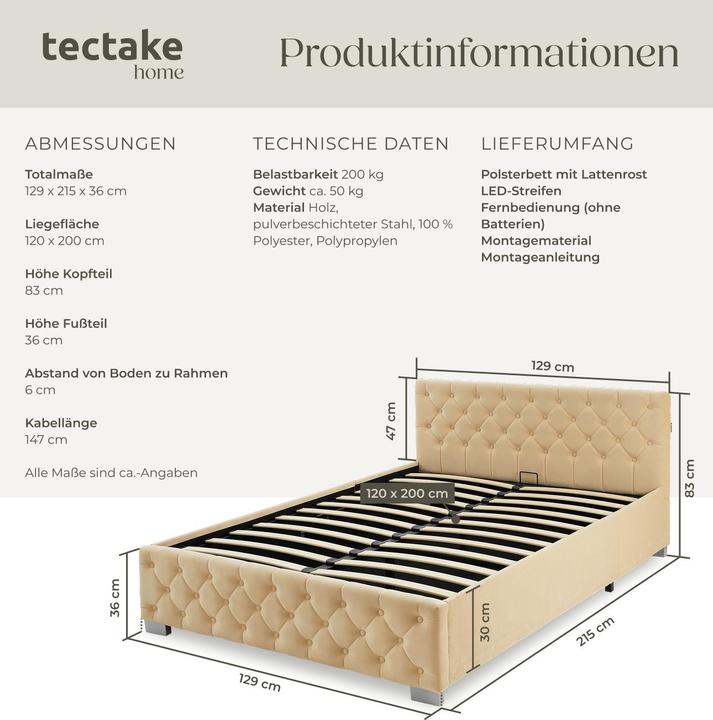 Produktbild tectake Polsterbett (120 x 200 cm)