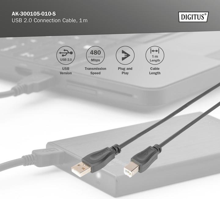 Produktbild Digitus USB2.0 Anschlusskabel, 1 m (1 m, USB 2.0, 2.50 W)