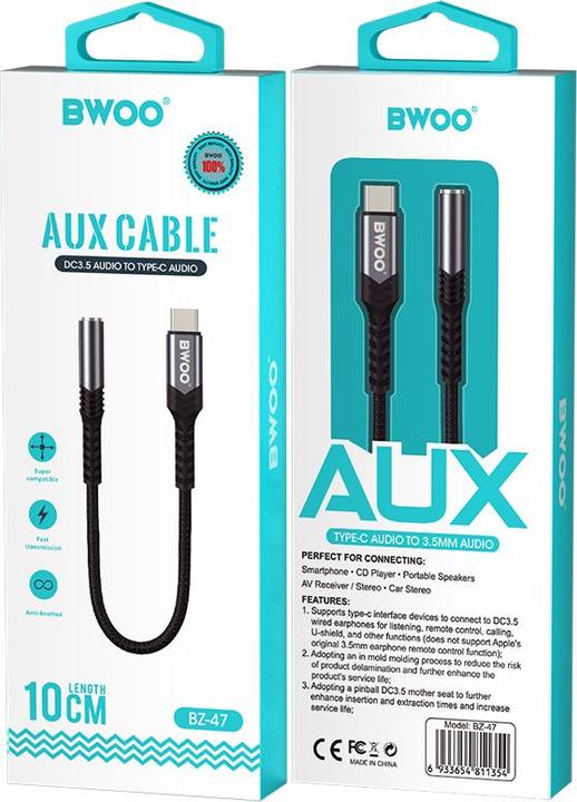 Image du produit Bwoo câble adaptateur audio BZ47 aux 3,5 mm vers USB-C noir (USB Type C, Jack 3.5mm)