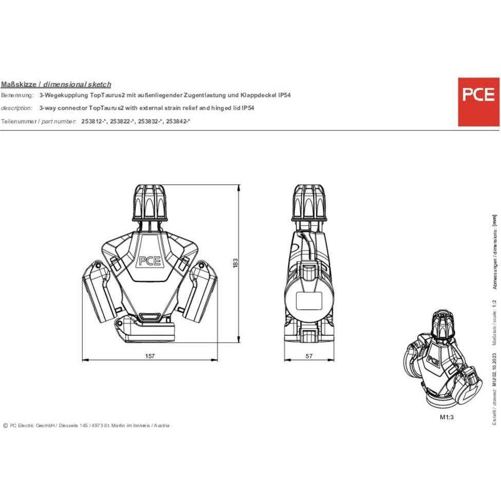 Thumbnail - PCE, Netzstecker + Netzkupplung, PC Electric 253812-sr 3fach-Kupplung Gummi 250 V Rot IP54