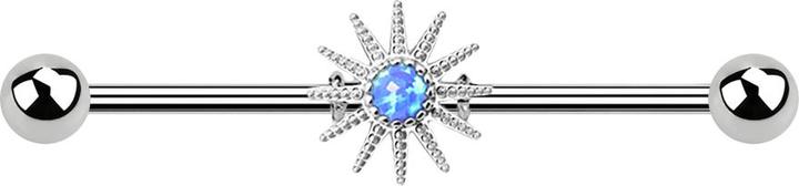 Produktbild Star Piercing Barbell silber mit Sonnenstrahlen und Opal blau (Messing, Chirurgenstahl 316L)