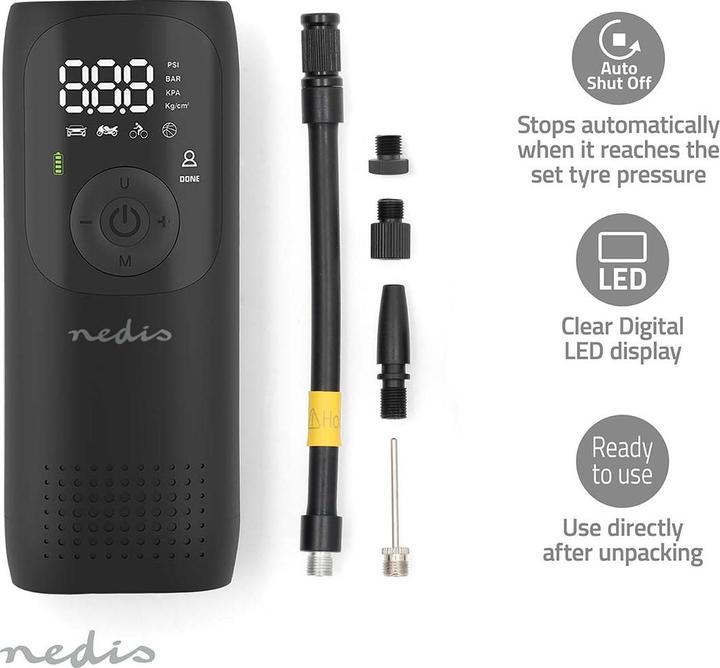 Produktbild Nedis Wiederaufladbarer Luftkompressor - 0.1-150 psi - Dunlop-Ventil - Betriebsarten: Auto/Motorrad/