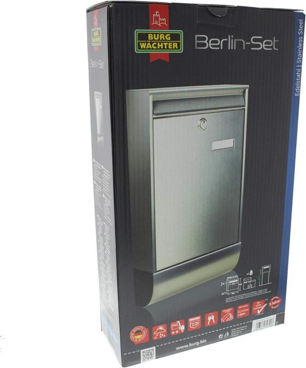 Produktbild Burg Wächter Briefkasten-Set Edelstahl BxHxT 285/500/105 mm Berlin 37770 NI mit Klappe Zeitungsbox Ö